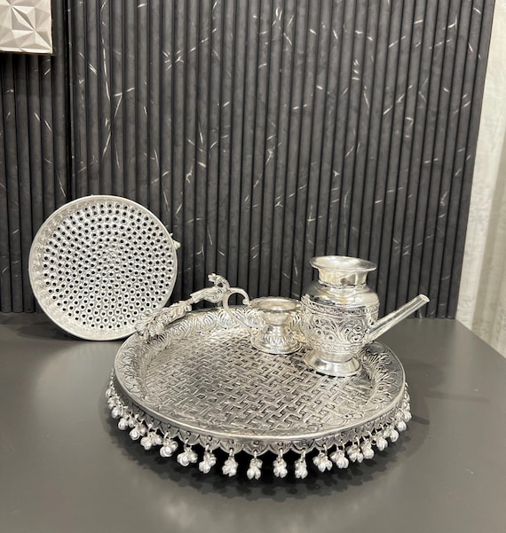 German Silver Karwa Chauth Thali Set: Indian Pooja Ritual Plate