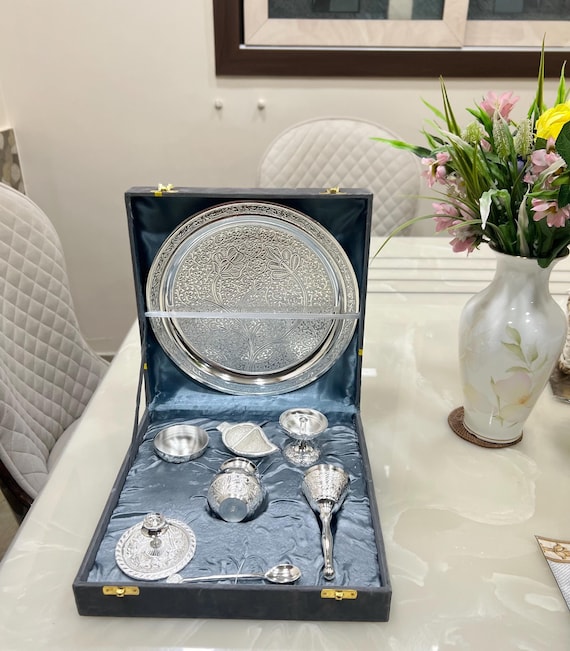 German Silver Pooja Thali Set: 8-Piece Religious Gift with Velvet Box