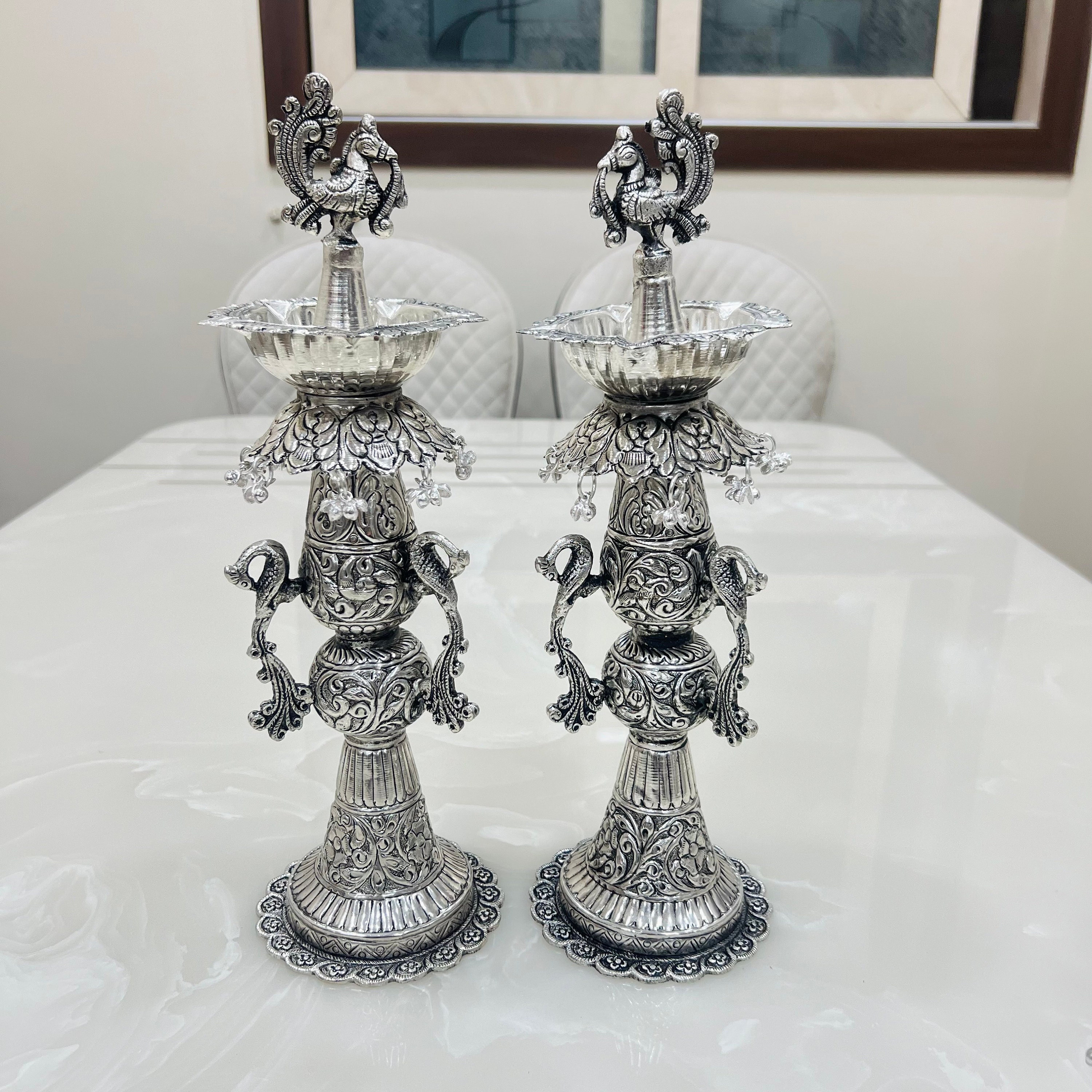 German Silver Samai, 15 Inch Samai, Handcrafted Diya for Temple, Entryways Decor, Oil Lamp, Decorative Diya, Diya Stand, Traditional Diya