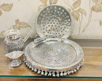 German Silver Karwa Chauth Pooja Thali Set: Diwali Festival Gift