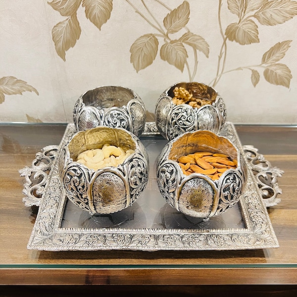 German Silver Set of 4 Snack Bowl With Tray, Gift for Wedding Anniversary, Housewarming Gifts, Dry Fruit Jar, Gifting Box, Diwali Gifts