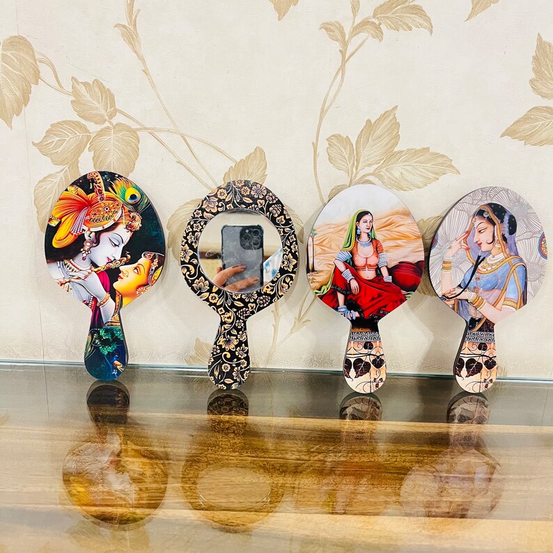 Hand Wooden Mirror, Handheld Mirror, Rajasthani Design Hand Mirror, Bulk Gift, Wholesale Gifts, Return Gift, Bridesmaid Gift, Compact Mirror image 8