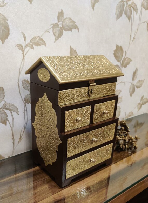 Wood and Brass Multi-Layer Drawer Style Jewelry Box, Large Capacity Jewelry  Box ,Vintage Jewelry Organizer Jewelry Box ,Gift For Women