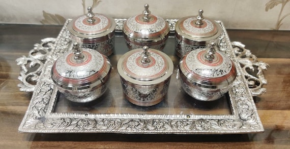 German Silver Dry Fruit Bowl- Tray Set With Meena Work, Set of Bowl,  Table Decor, Snack Bowl, Serving Bowl, Dry fruit Jar, Wedding Gift