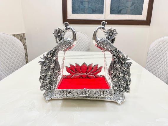 German Silver Krishna Singhasan, Janmashtami Temple Decor, Ladu Gopal Throne, Religious Gift