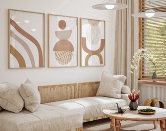 Set of 3 Prints - Neutral Modern Wall Art Decor, Digital Download, Boho Art Print - Earth Tones