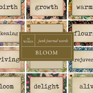 BLOOM Palavras do Junk Journal | Scrapbooking de citações digitais inspiradoras | Cartão de afirmação para impressão