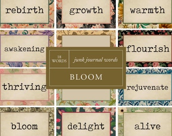 BLOOM Junk Journal Words | Inspirational Digital Quotes Scrapbooking | Affirmation Card Printable