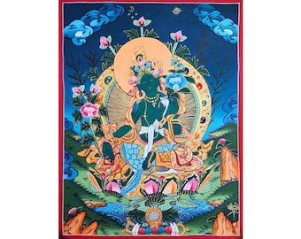 35x27cm, Green Tara Thangka, Hand Painted by Nepali Monks