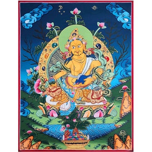 35x27cm, Yellow Jambala Thangka, Hand Painted by Nepali Monks
