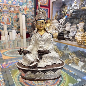 23cm, Padmasambhava Guru Rinpoche Statue, Silver Plated, Chocolate Oxidized, Face Painted, Handmade in Nepal
