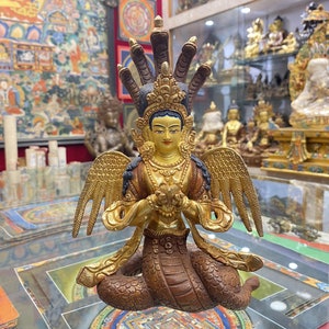 22cm, Naga Kanya Statue, Face Gold Painted, Partly Gold Plated, Handmade in Nepal.