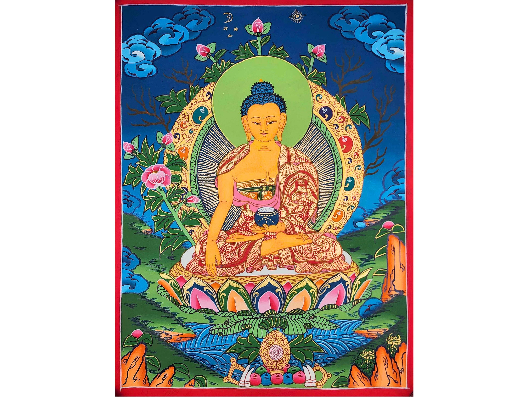 35x27cm, Shakyamuni Buddha Thangka, Hand Painted by Nepali Monks