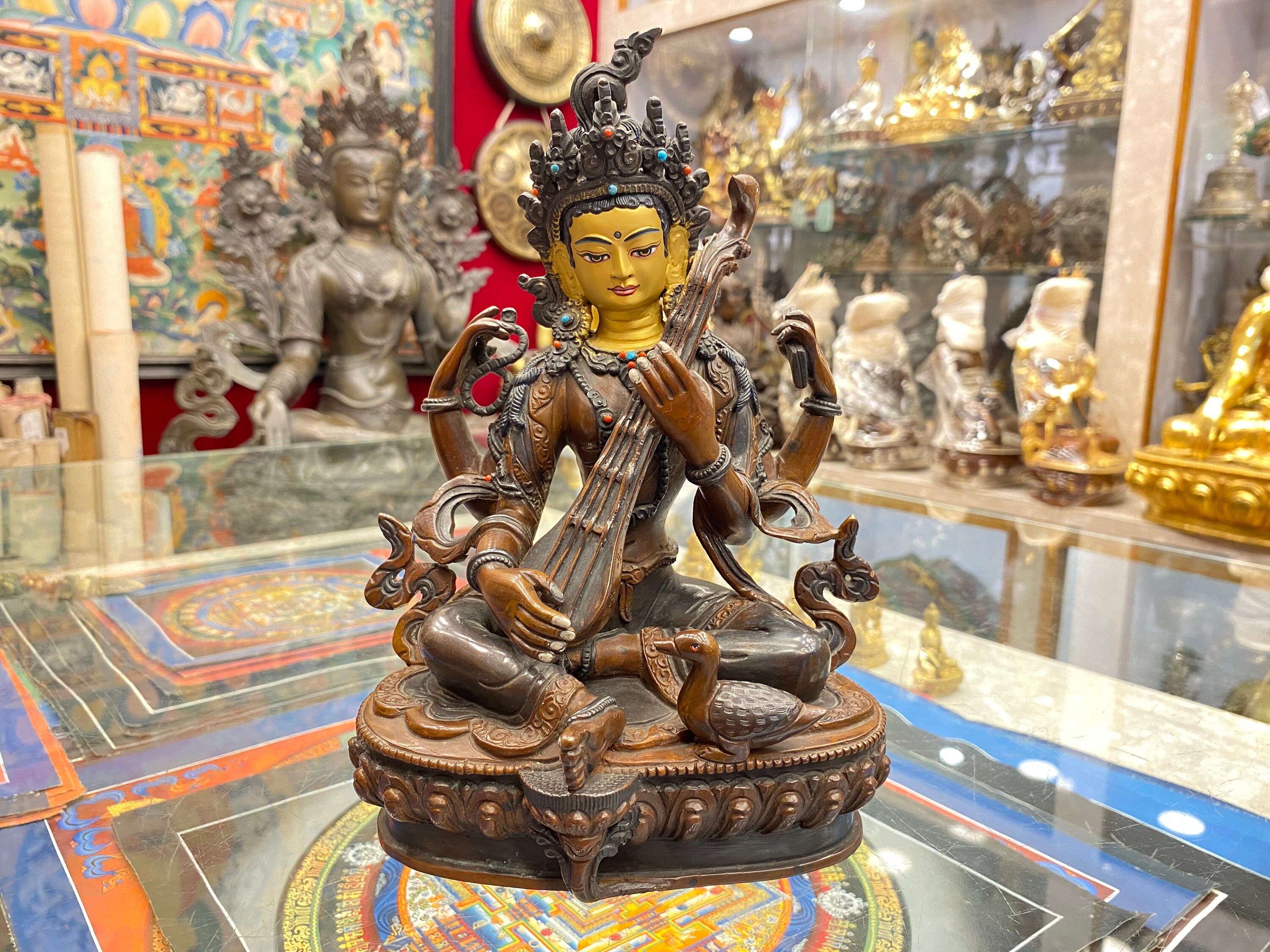 23cm, Saraswati Statue, Face Painted, Rare Collectible, Handmade in Nepal.