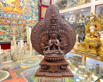 49cm, 1000 Thousand Arms Sahasrabhuja Statue, Avalokitesvara, Chocolate Oxidized, Rare Find, Handmade in Nepal