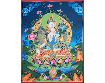 35x27cm, White Tara Thangka, Hand Painted by Nepali Monks.