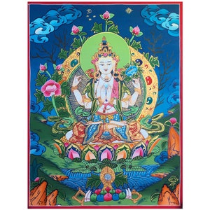 35x27cm, Chenrezig / Avalokiteshvara Thangka, Hand Painted by Nepali Monks