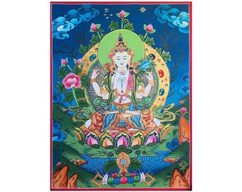 35x27cm, Chenrezig / Avalokiteshvara Thangka, Hand Painted by Nepali Monks