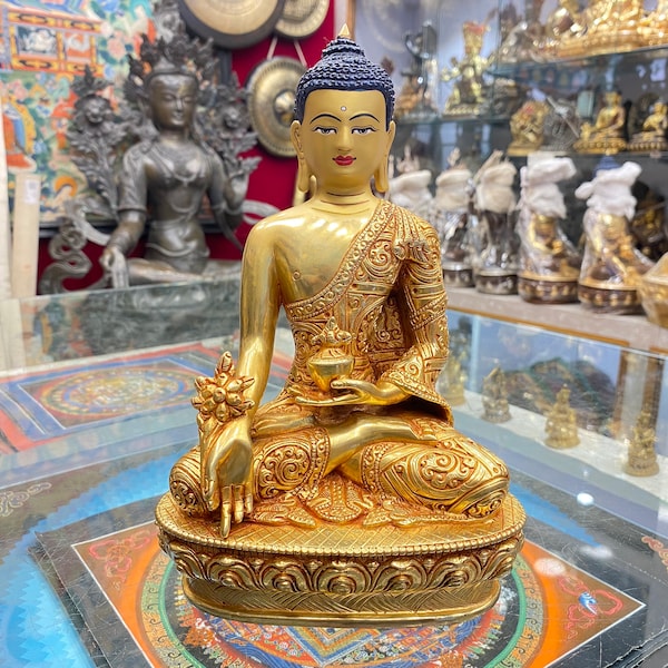 23cm, Medicine Buddha Statue, Gold Plated With Face Gold Painted, Handmade in Nepal