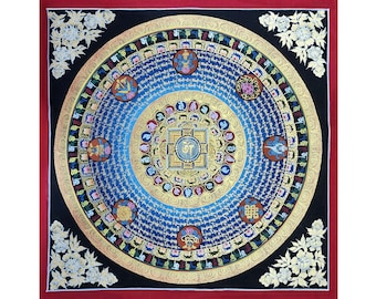 50x50cm, Thangka Painting of Ashtamangala Mandala, Blue Base Color, Handcrafted in Nepal