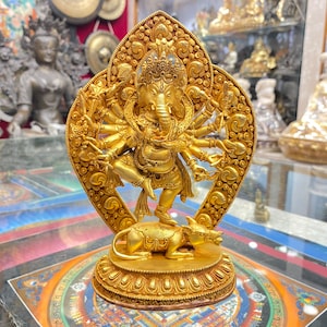 18cm, Standing Ganesh Statue, Ganesh Red Jambhala, Full Gold Plated, Handmade in Nepal