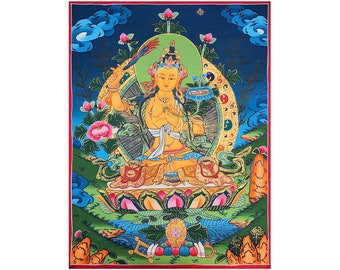 35x27cm, Manjushri Thangka, Hand Painted by Nepali Monks