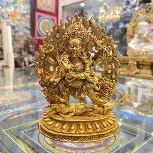 15cm, Black Mahakala Statue, Full Gold Plated, Handmade in Nepal.
