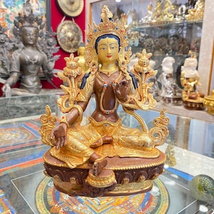 23cm, Green Tara Statue, Partly Gold Plated, Face Gold Painted, Stones Set, Handmade in Nepal
