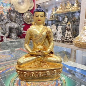 23cm, Amitabha Buddha Statue, Gold Plated And Face Painted, Handmade in Nepal