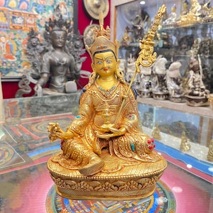 23cm, Guru Padmasambhava Statue, Gold Plated, Face Gold Painted, Premium Stone Setting, Handmade in Nepal