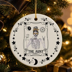 Aunt Tarot Card Ornament, Funny Skeleton Christmas Gift for Auntie, Witchy Gothic Holiday Decor, Unique Aunty Keepsake