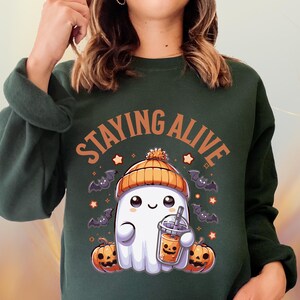 Staying Alive Ghost Shirt: Trendy Halloween Coffee Sweatshirt