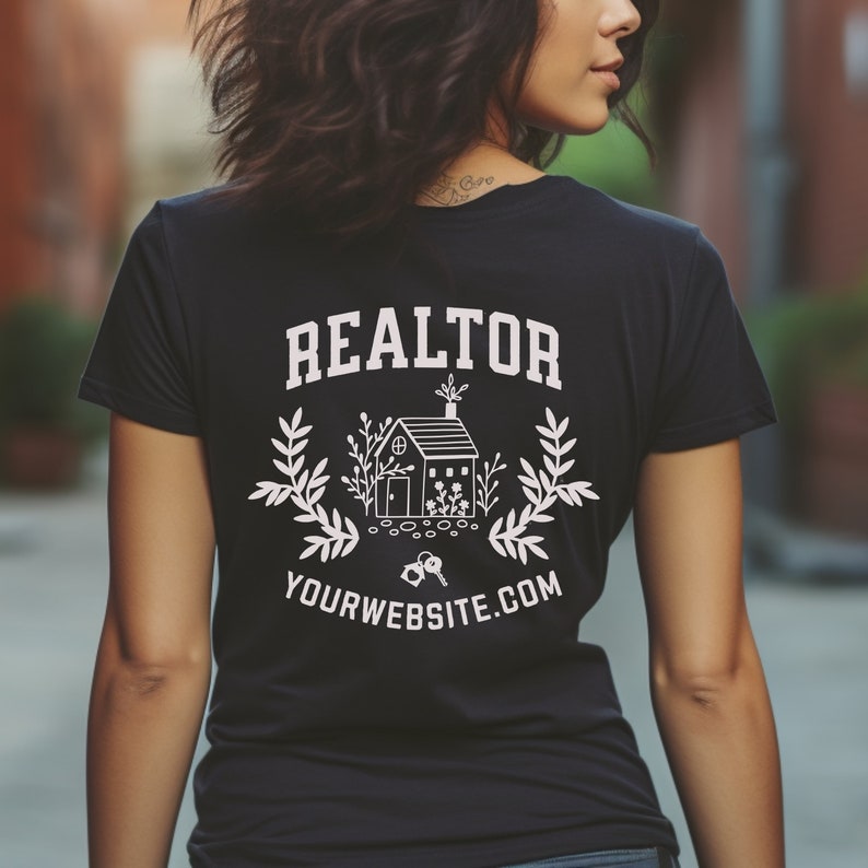 May include: Black t-shirt with a white graphic design of a house with keys and the text "REALTOR YOURWEBSITE.COM"