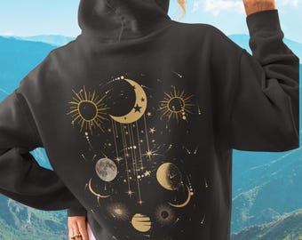 Celestial Full Zip Hoodie Moon and Sun Hooded Zipup Sweatshirt