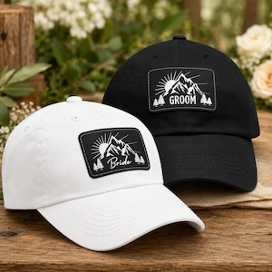 Personalized Bride Groom Camping Hat, Mountain Wedding Baseball Cap, Custom Newlywed Gift, Bachelor Bachelorette Party Hats