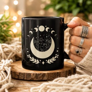 Mystic Moon Phase Mug, Black Celestial Coffee Cup, Witchy Astrology Gift, Floral Crescent Moon Mug, Spiritual Gift for Her, 11oz 15oz