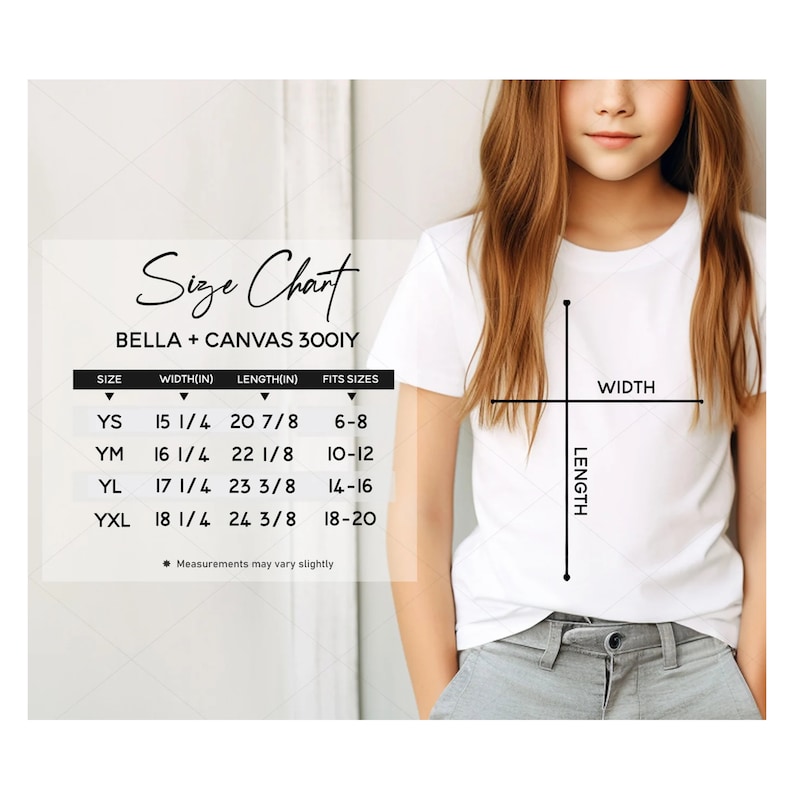 May include: Size chart for Bella + Canvas 3001Y t-shirts, showing width and length measurements in inches for youth sizes YS, YM, YL, and YXL. The chart also indicates the corresponding age range for each size.