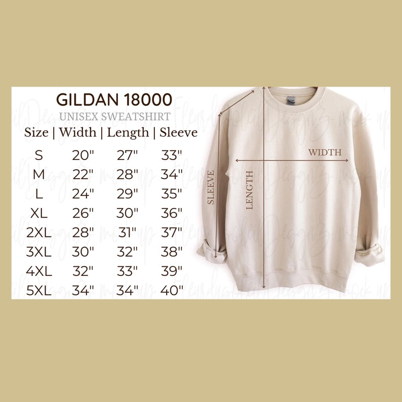 May include: A beige Gildan 18000 unisex sweatshirt with size chart. The chart shows measurements for width, length, and sleeve length in inches, ranging from size S to 5XL. The sweatshirt is displayed with arrows indicating width, length, and sleeve.