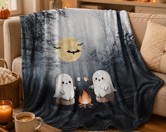 Cute Halloween Ghost Blanket, Spooky Bat Throw, Cozy Fall Sherpa Blanket, Cottagecore Halloween Decor, Soft Gothic Gift