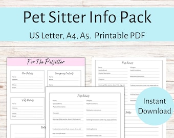 May include: Printable pet sitter information pack with three pages. The pages are titled "Our Details", "Emergency Contacts", "Vet's Details", and "Pet's Details". The pages include sections for pet's name, species/breed, physical description, character, allergies, health conditions, medication instructions, toileting instructions, walking routine, separation anxiety, and notes.