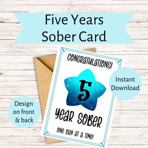 5 Jahre nüchterne Karte, Glückwünsche zu fünf Jahren Nüchternheit, Genesungsgeschenkkarte, AA 5 Jahre, Anonyme Alkoholiker, sauber und nüchtern 5 Jahre