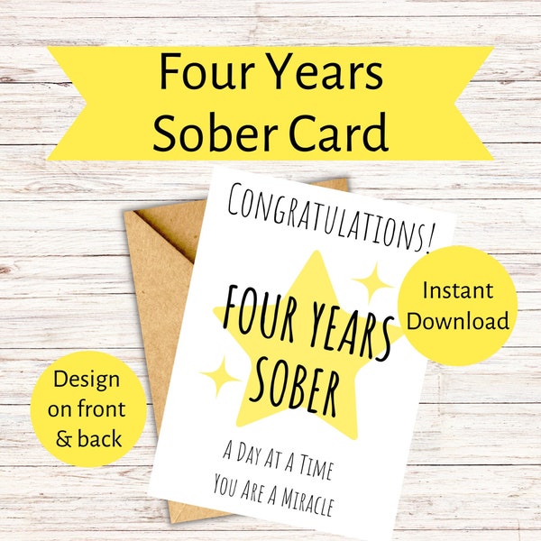 4 Years Sober Card, Four Years Sobriety, Recovery Gift Card, AA 4 Years, Alcoholics Anonymous, Clean and Sober 4 Years, Card From Sponsor