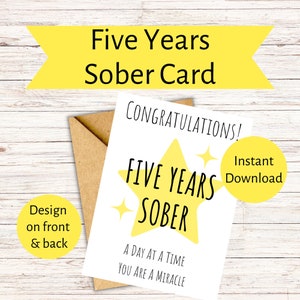 5 Jahre nüchterne Karte, Glückwünsche zu fünf Jahren Nüchternheit, Genesungsgeschenkkarte, AA 5 Jahre, Anonyme Alkoholiker, sauber und nüchtern 5 Jahre