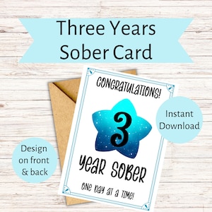 Cartão de 3 anos sóbrio, três anos de sobriedade, vale-presente de recuperação, AA 3 anos, Alcoólicos Anônimos, limpo e sóbrio 3 anos, cartão do patrocinador
