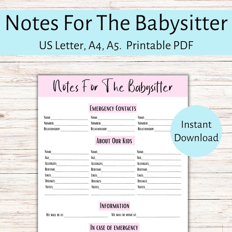 Babysitter Information Sheet, Notes for Babysitter, Daycare Info Sheet ...