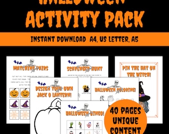 Printable Halloween Activity Pack, Halloween Party Games, Halloween Bingo, Kids Halloween Activities, Halloween Coloring, Puzzles, Games