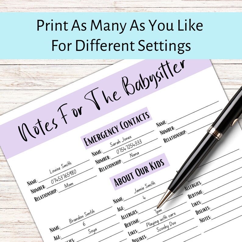 Babysitter Information Sheet, Notes for Babysitter, Daycare Info Sheet ...