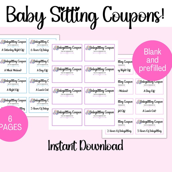 Babysitting Coupons, Vouchers, Gift For Parents, Printable Coupon, Last Minute Gifts, Mom, Dad Coupon Book, Custom Voucher, Personalised