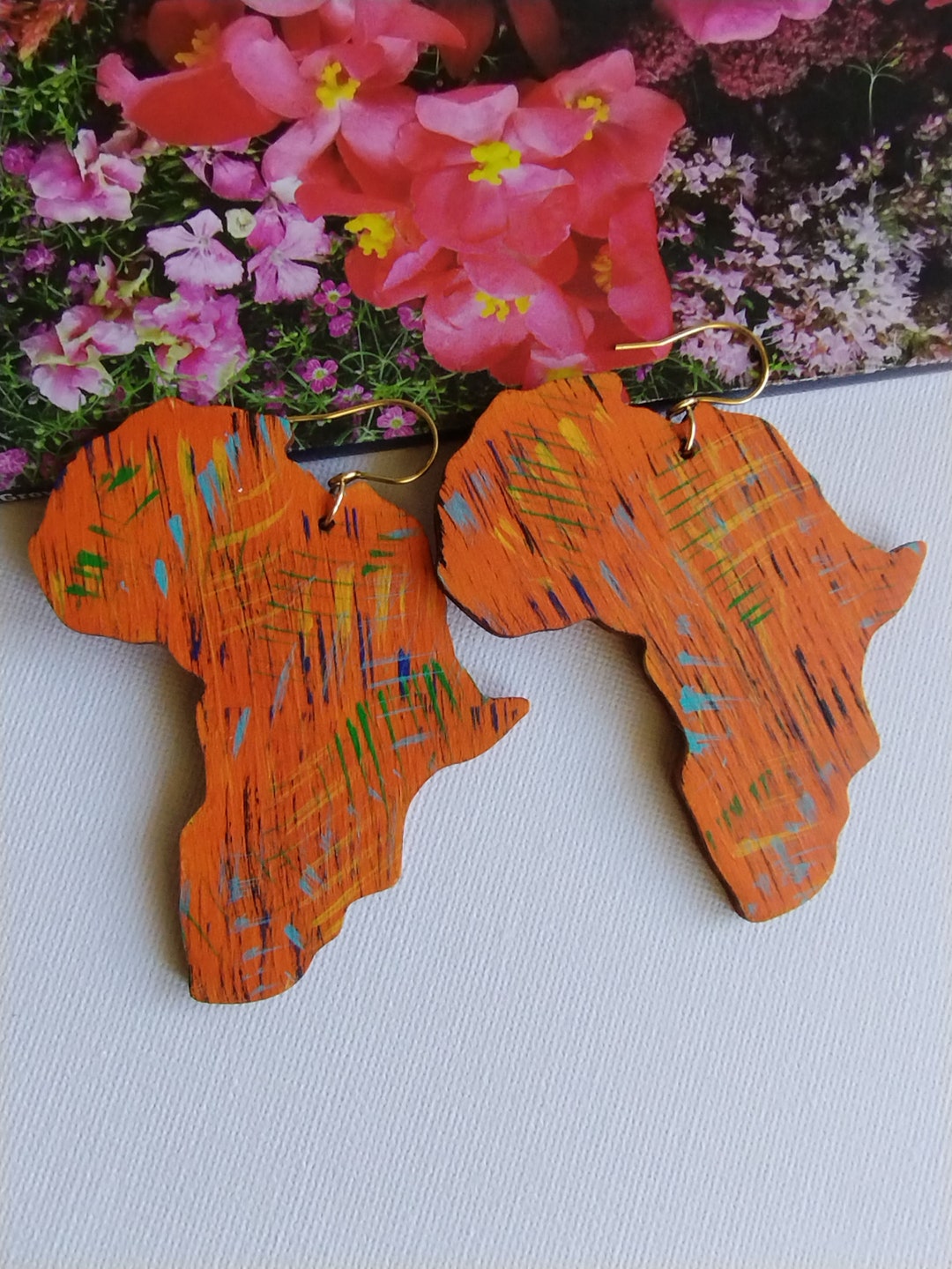 Africa Wood Earrings Africa Earrings Painted Wood Earrings Etsy