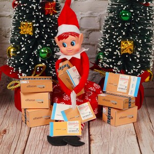Elfazon Shopping spree, Miniature shipping boxes, Elf Shopping, Elf packages, Elf props, Christmas Elf, Elf ideas